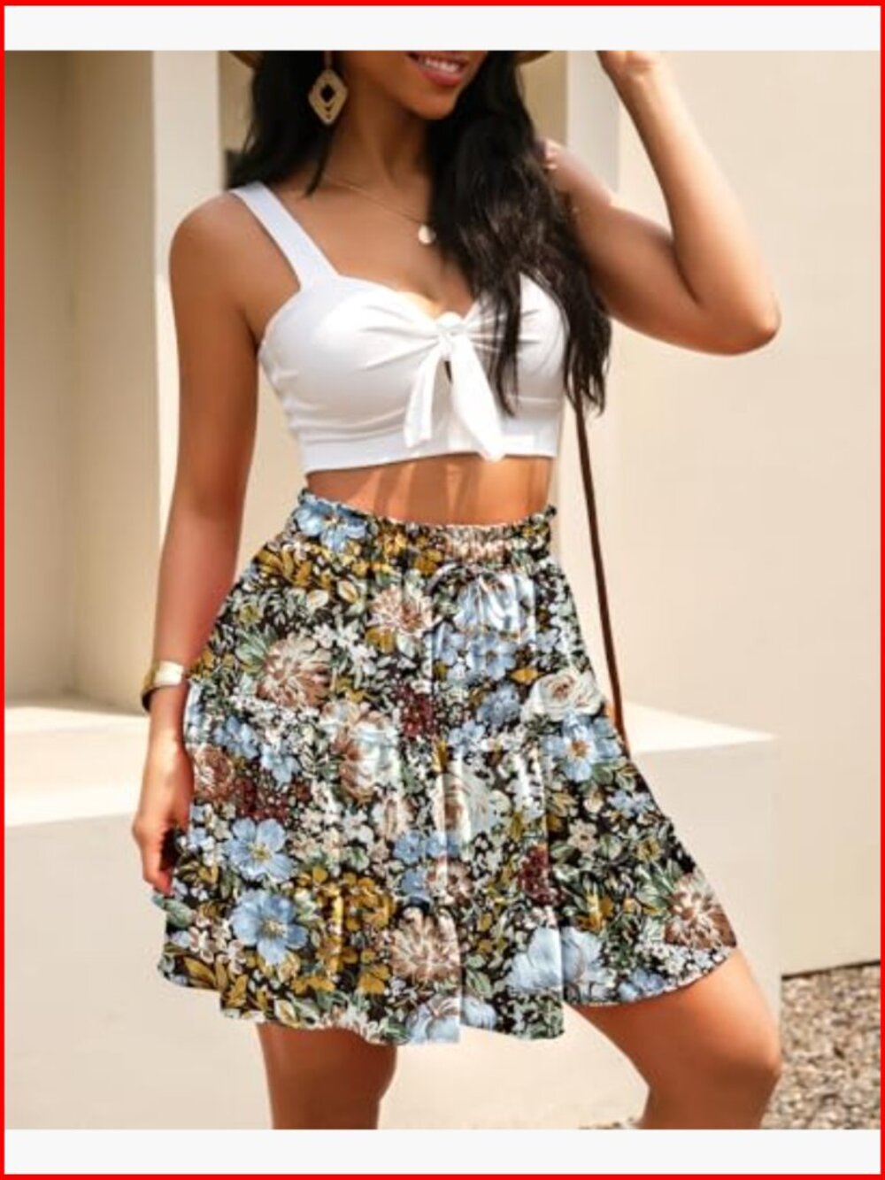 High Waist Floral Mini Skirt with Drawstring Tiered Ruffle Design - Picture 4 of 7